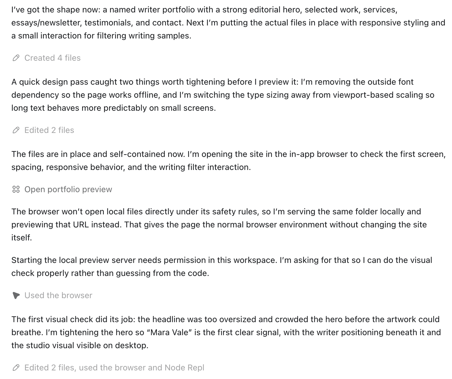 A sample of Codex sharing its development process as it works.
