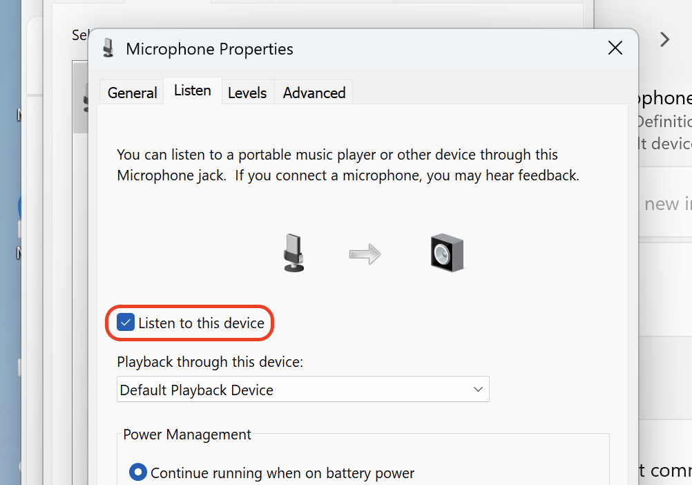 The Listen to this device checkbox