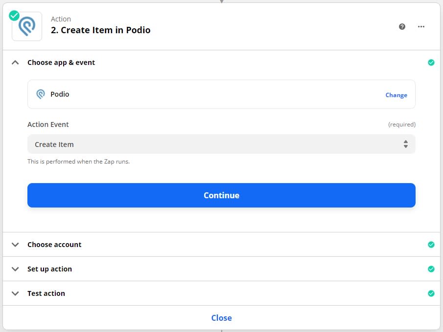 Action set-up page: Create item in Podio