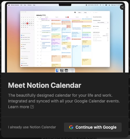 An image displays the option to log into Notion Calendar with Google