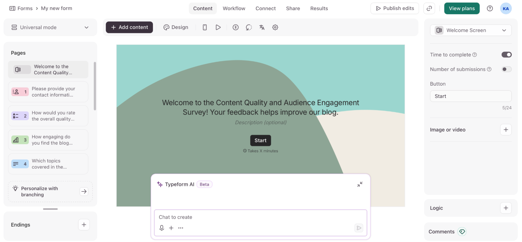 Screenshot of Typeform, our pick for the best online form builder for conversational data collection