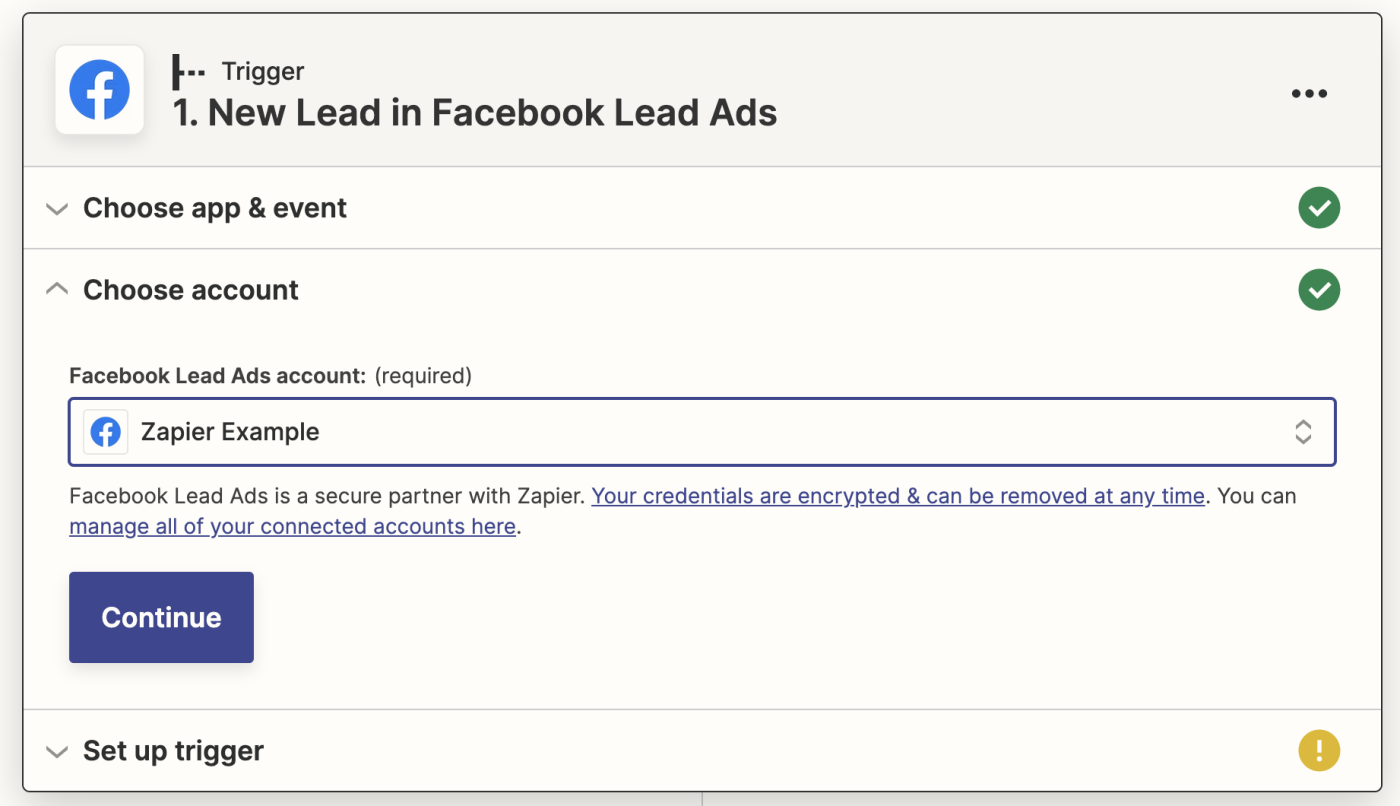 A trigger step in a Zap editor with an account selected in the Facebook Lead Ads account field.