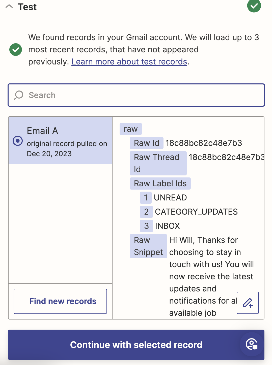 A screenshot of the Zap editor, with sample information from Gmail previewed.