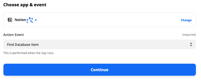 The Notion app is selected in the Zap editor.