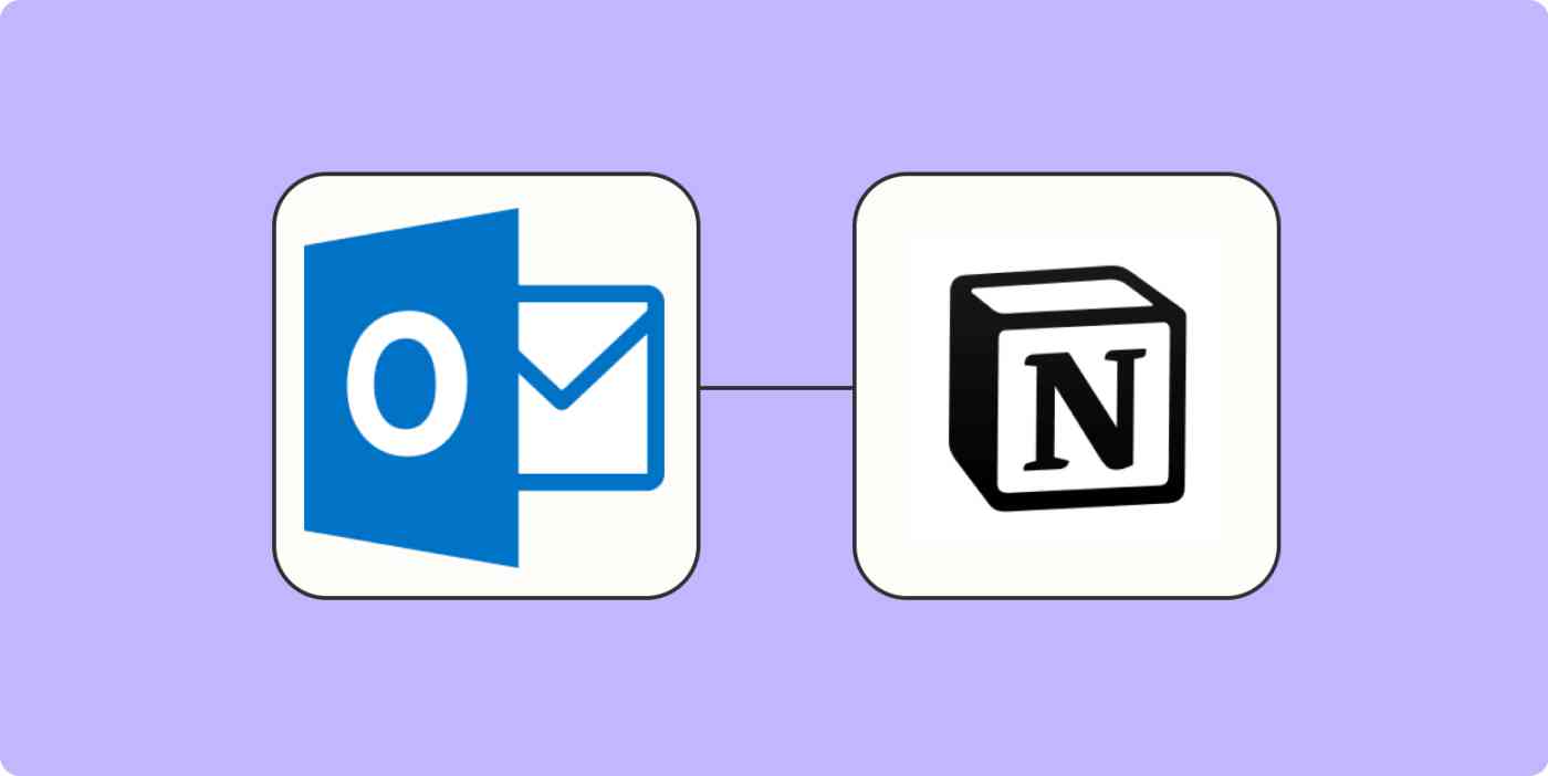A hero image of the Microsoft Outlook app logo connected to the Notion app logo on a light purple background.