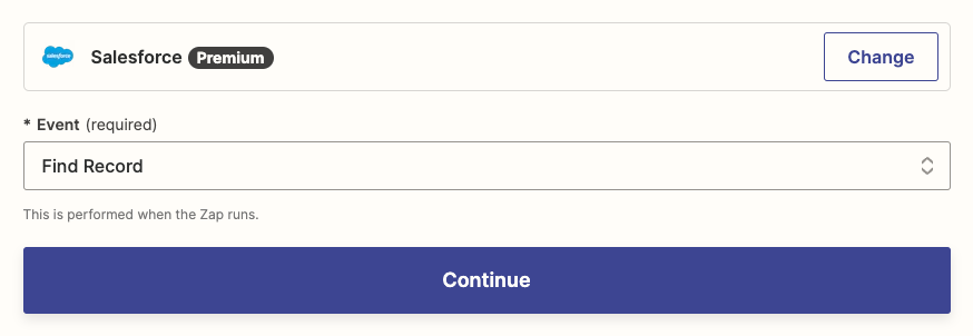 Select Salesforce and the Find Record event.