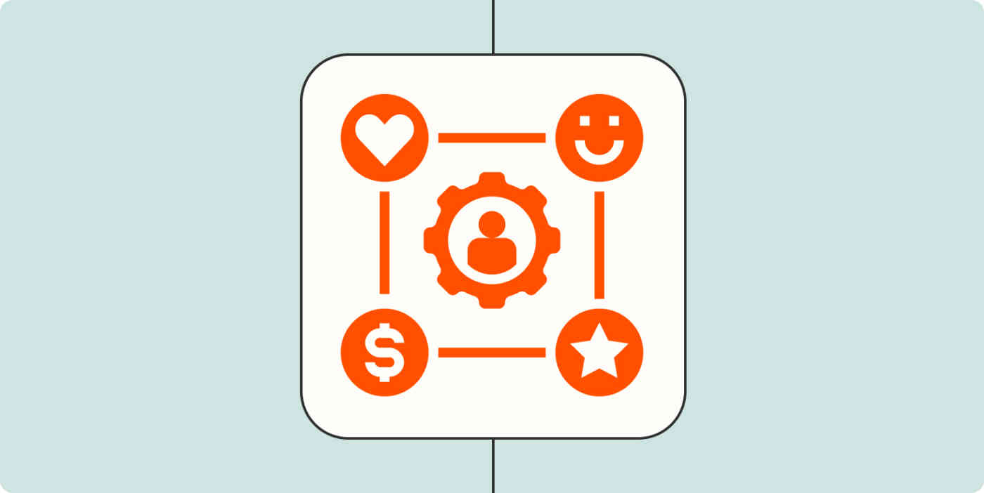 A cog with a heart, dollar sign, smiley face, and star surrounding it, representing a CRM.
