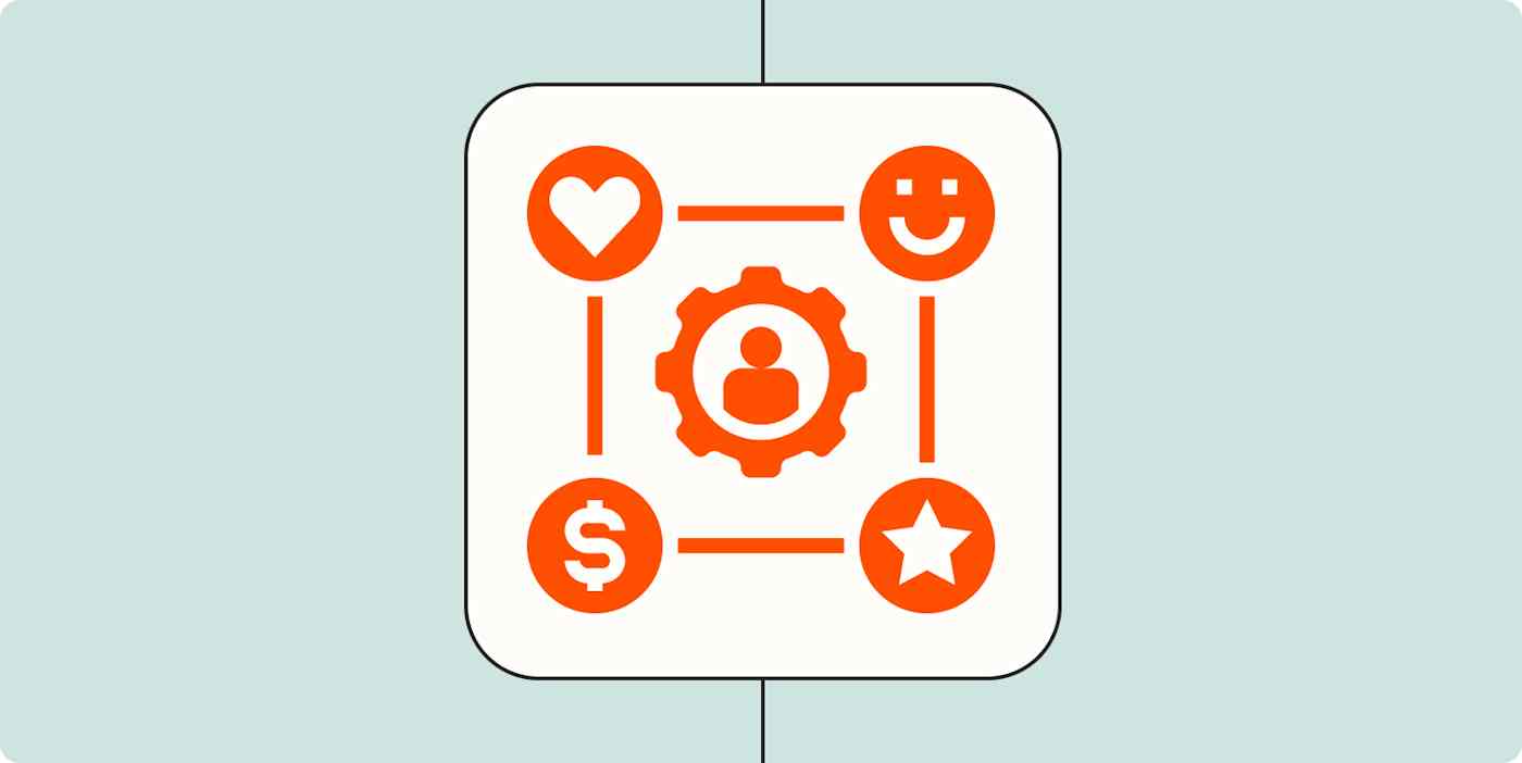 A cog with a heart, dollar sign, smiley face, and star surrounding it, representing a CRM.