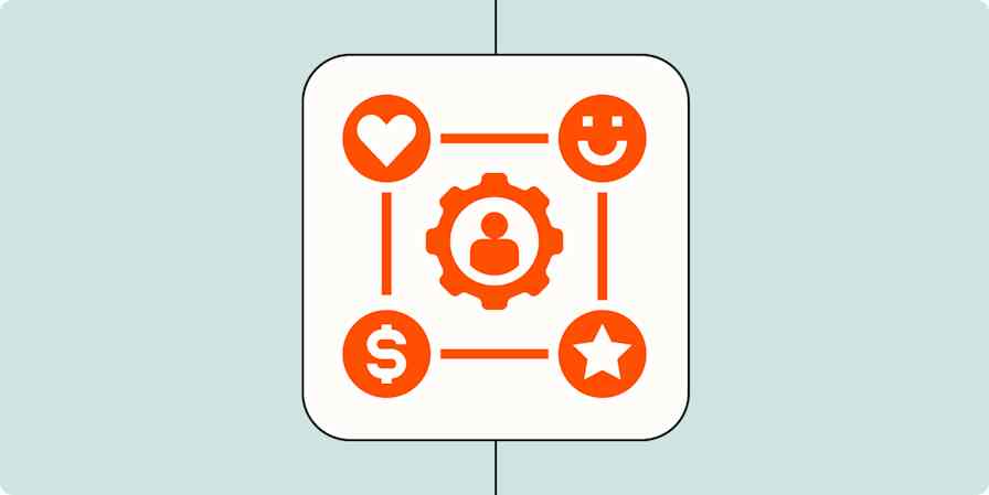 A cog with a heart, dollar sign, smiley face, and star surrounding it, representing a CRM.