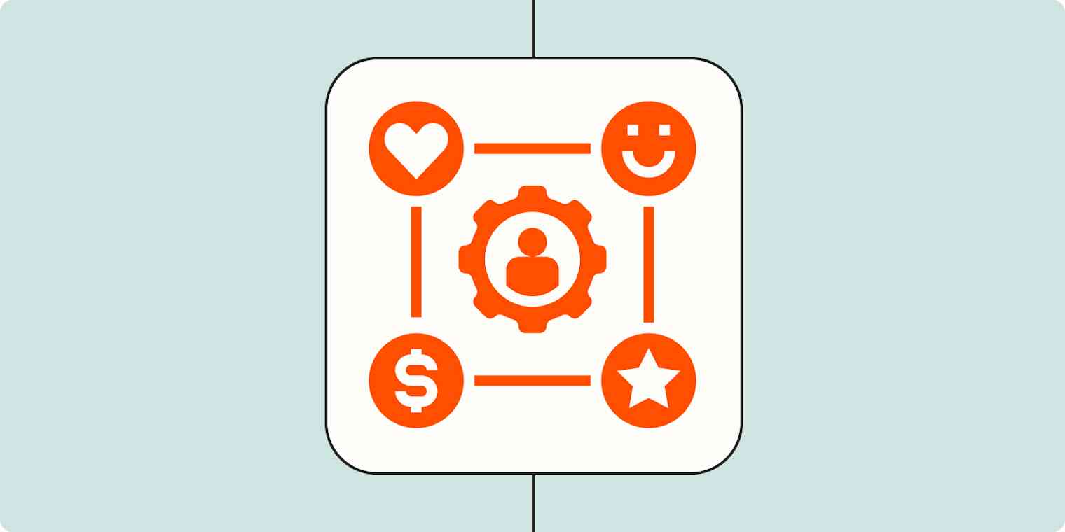 A cog with a heart, dollar sign, smiley face, and star surrounding it, representing a CRM.