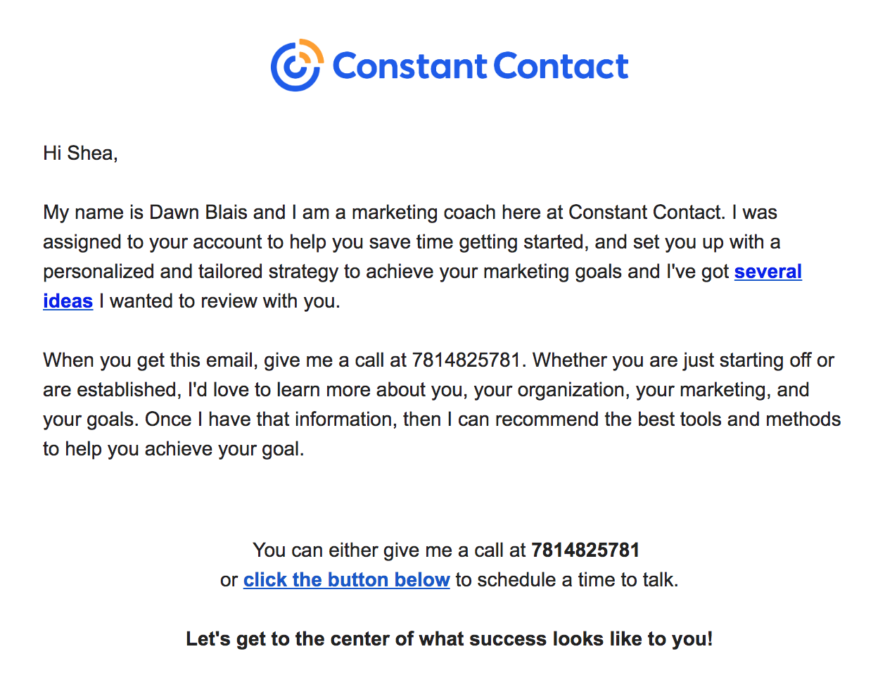 Screenshot of Constant Contact customer service representative reaching out via email to offer help