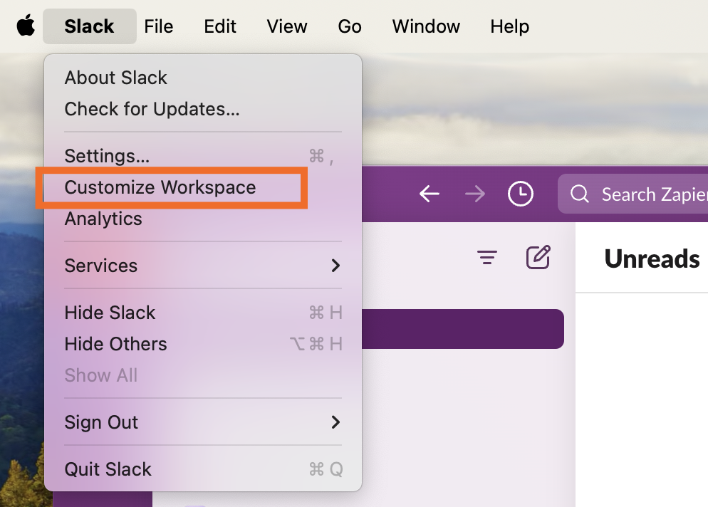 The Customize Workspace selection in the Slack menu dropdown