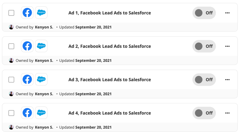 A list of Zaps sending information from Facebook Lead Ads to Salesforce.