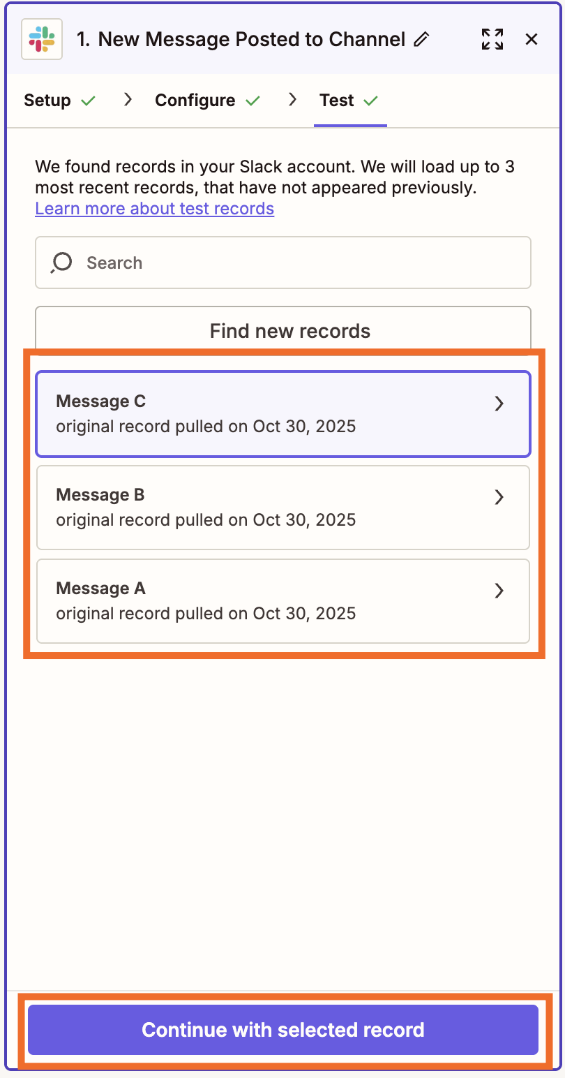 A test step inside the Zap editor for a Slack (New Message Posted to Channel) trigger