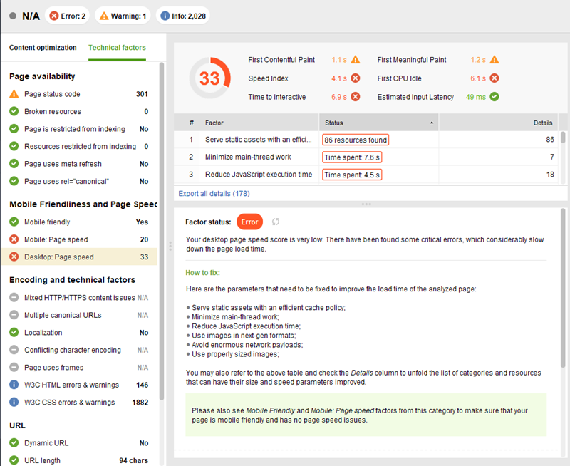 Screenshot from WebSite auditor that shows page speed performance