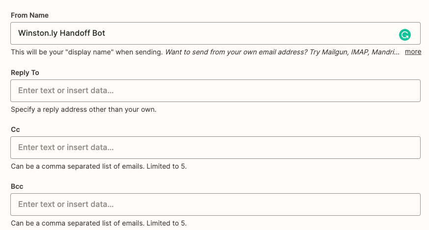 The From Name field is shown, which reads "Winston.ly Handoff Bot".