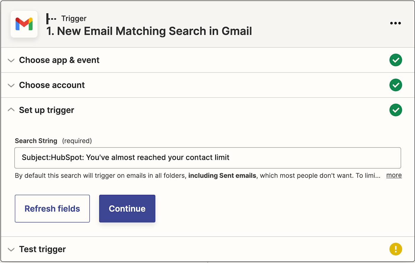 A field labeled "Search String" with "Subject:HubSpot: You've almost reached your contact limit" pasted in it.