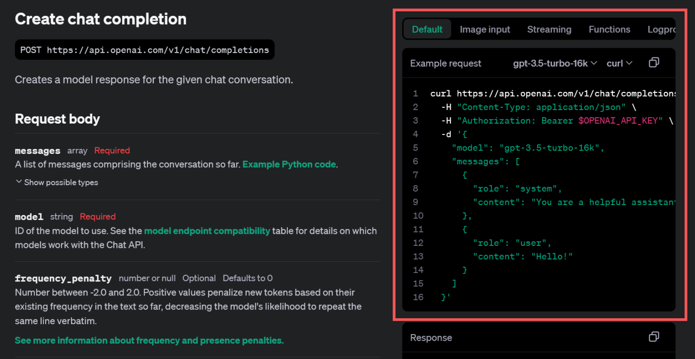 The chat completion reference page in the OpenAI API guide