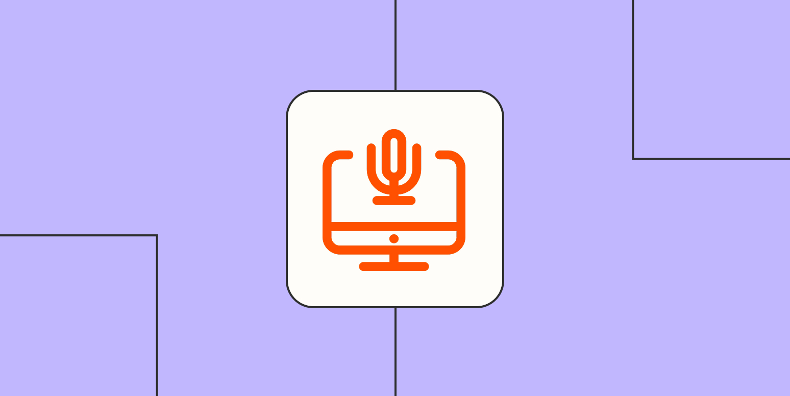 An orange icon of a laptop and microphone against a lavender background