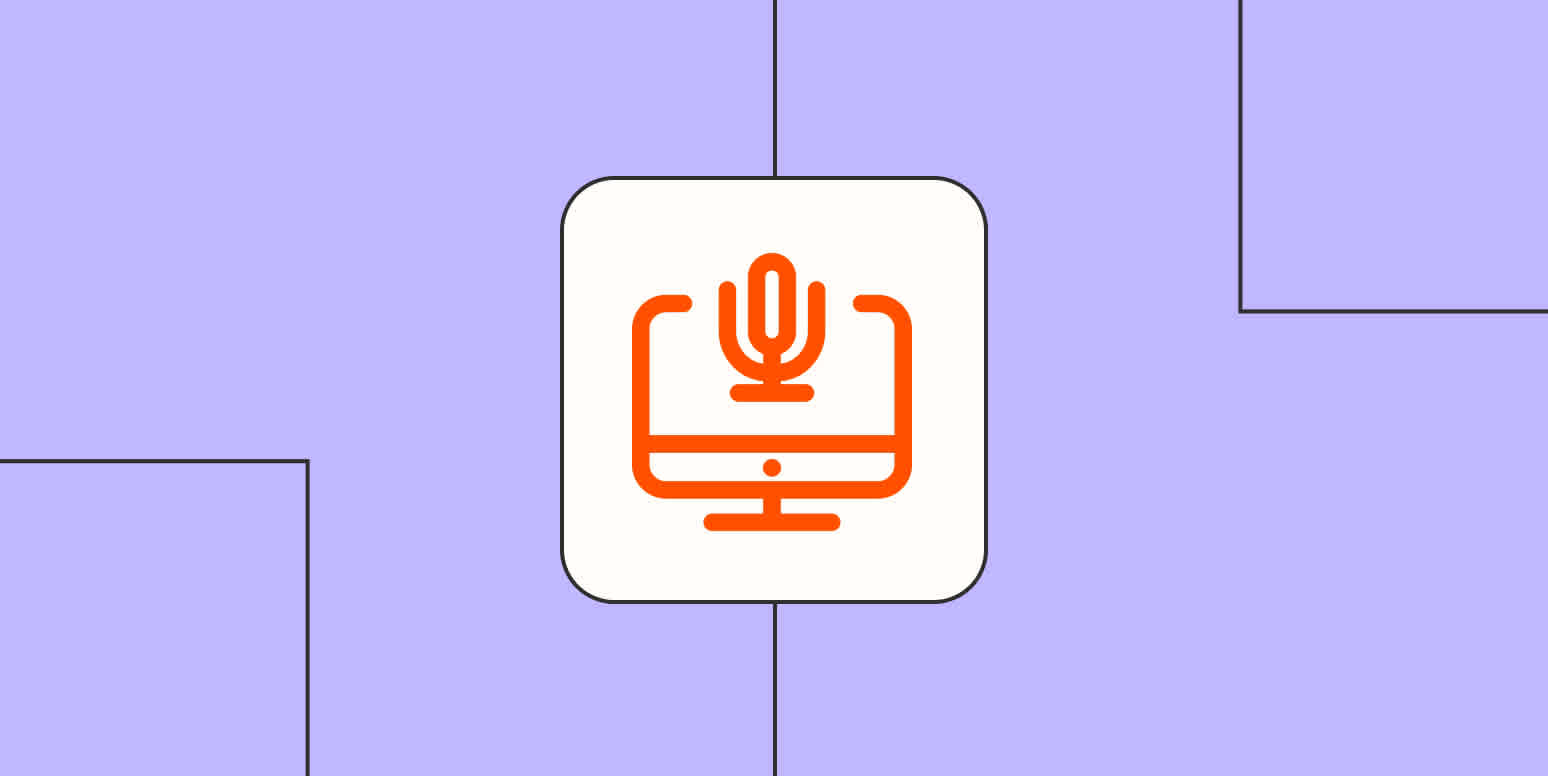An orange icon of a laptop and microphone against a lavender background