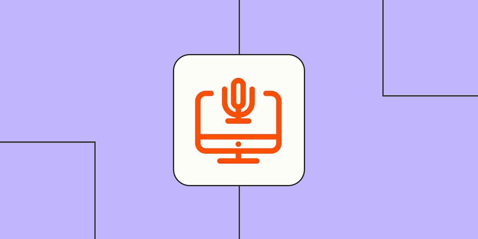 An orange icon of a laptop and microphone against a lavender background