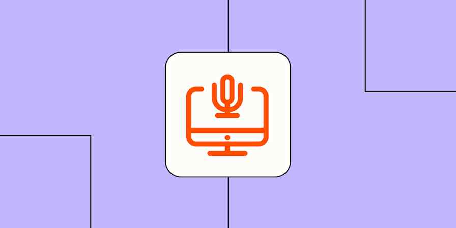 An orange icon of a laptop and microphone against a lavender background