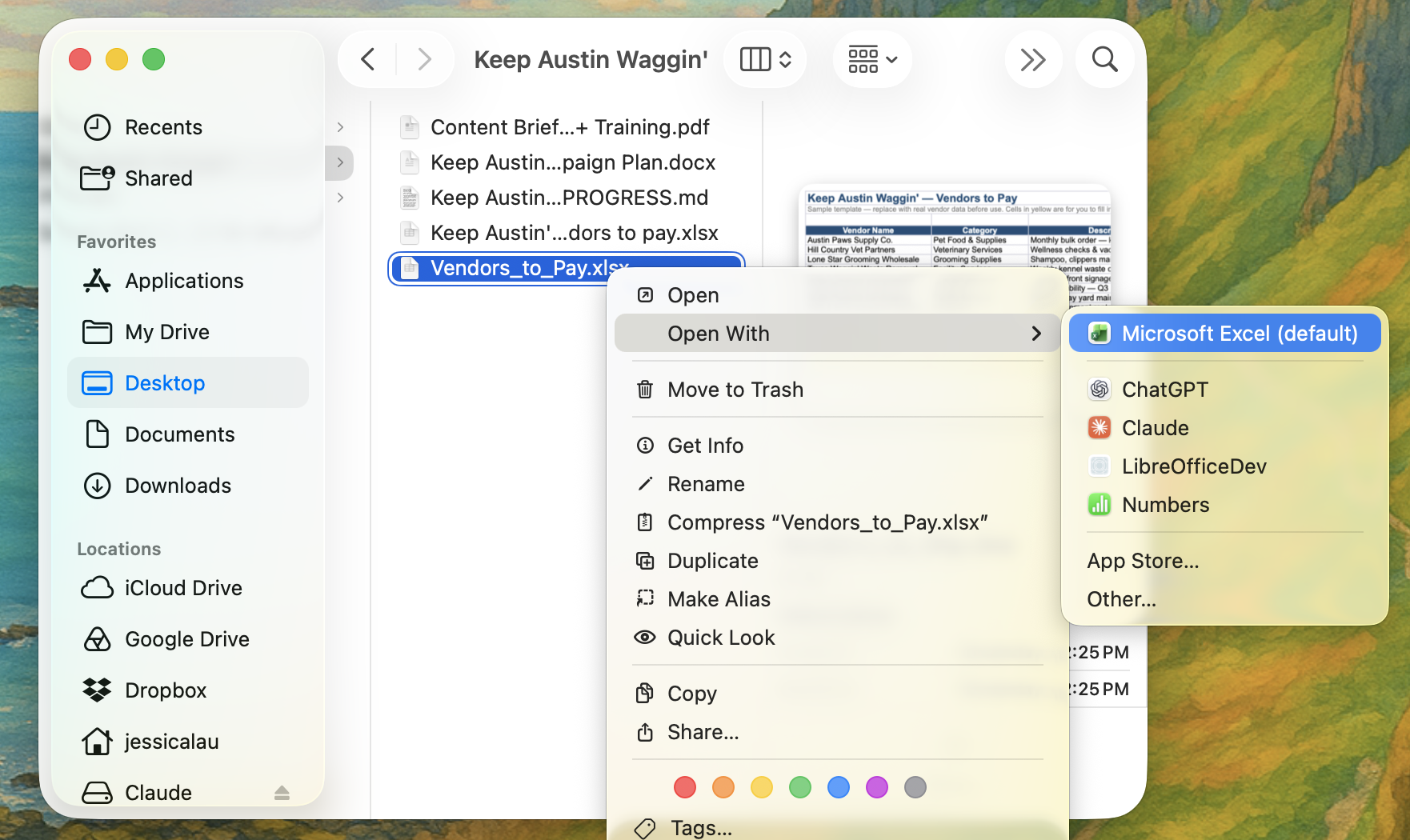 Expanded view of the right-click menu of a downloaded spreadsheet file in a Mac finder window.