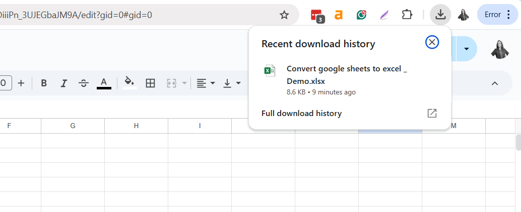 Screenshot of download history