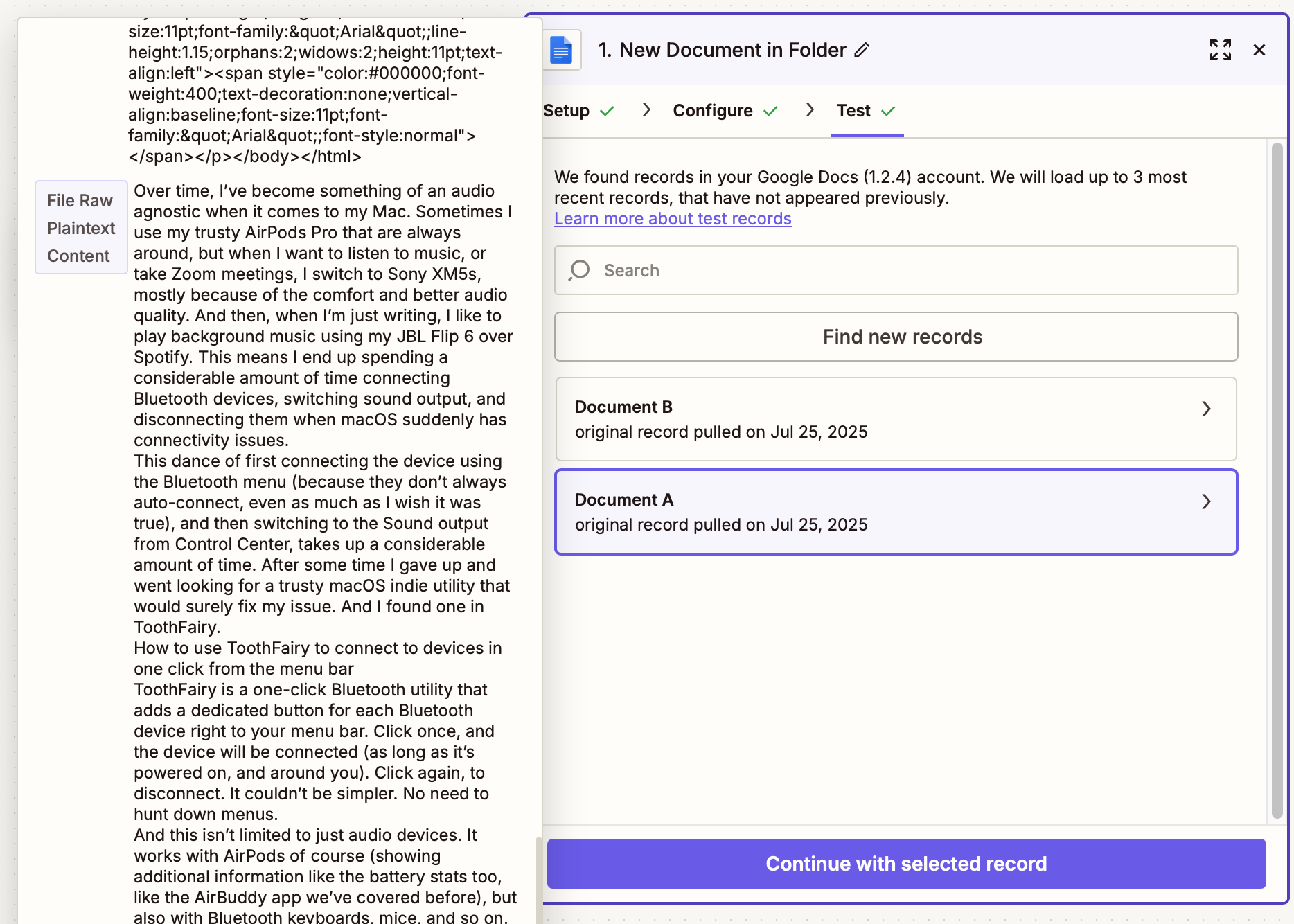A window that displays the File Raw Plaintext Content for a selected test document.