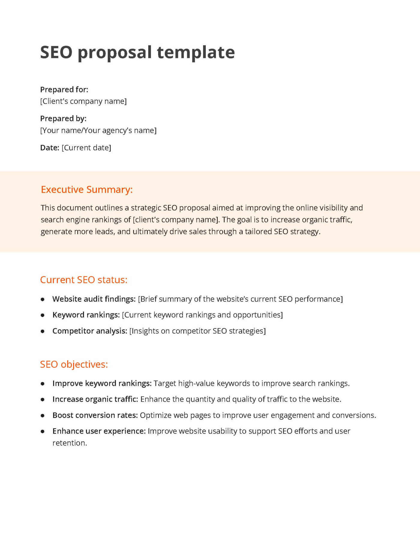 White and orange contract proposal template including a section for the executive summary, current SEO status, and SEO objectives