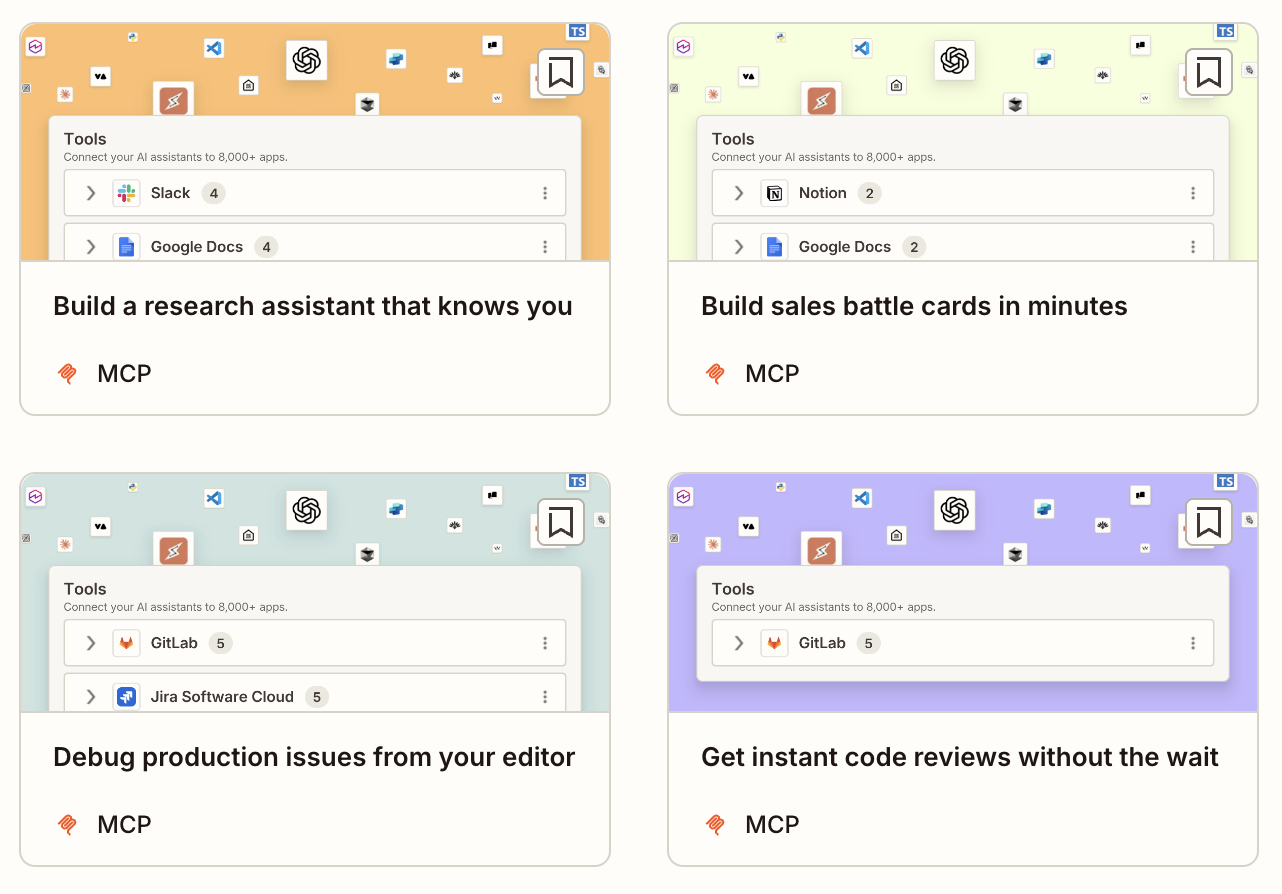 Thumbnail images for four Zapier MCP templates