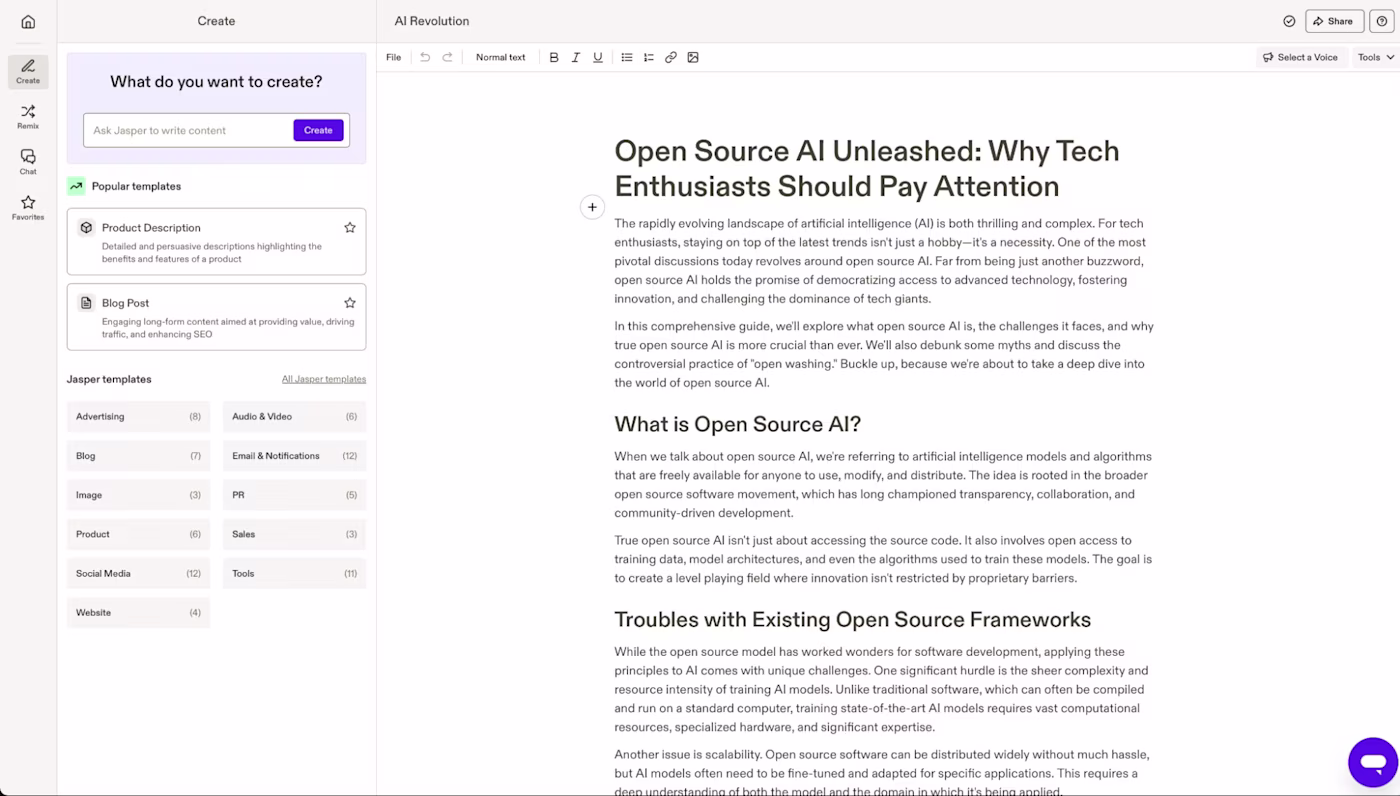 Jasper, our pick for the best AI writing generator for businesses