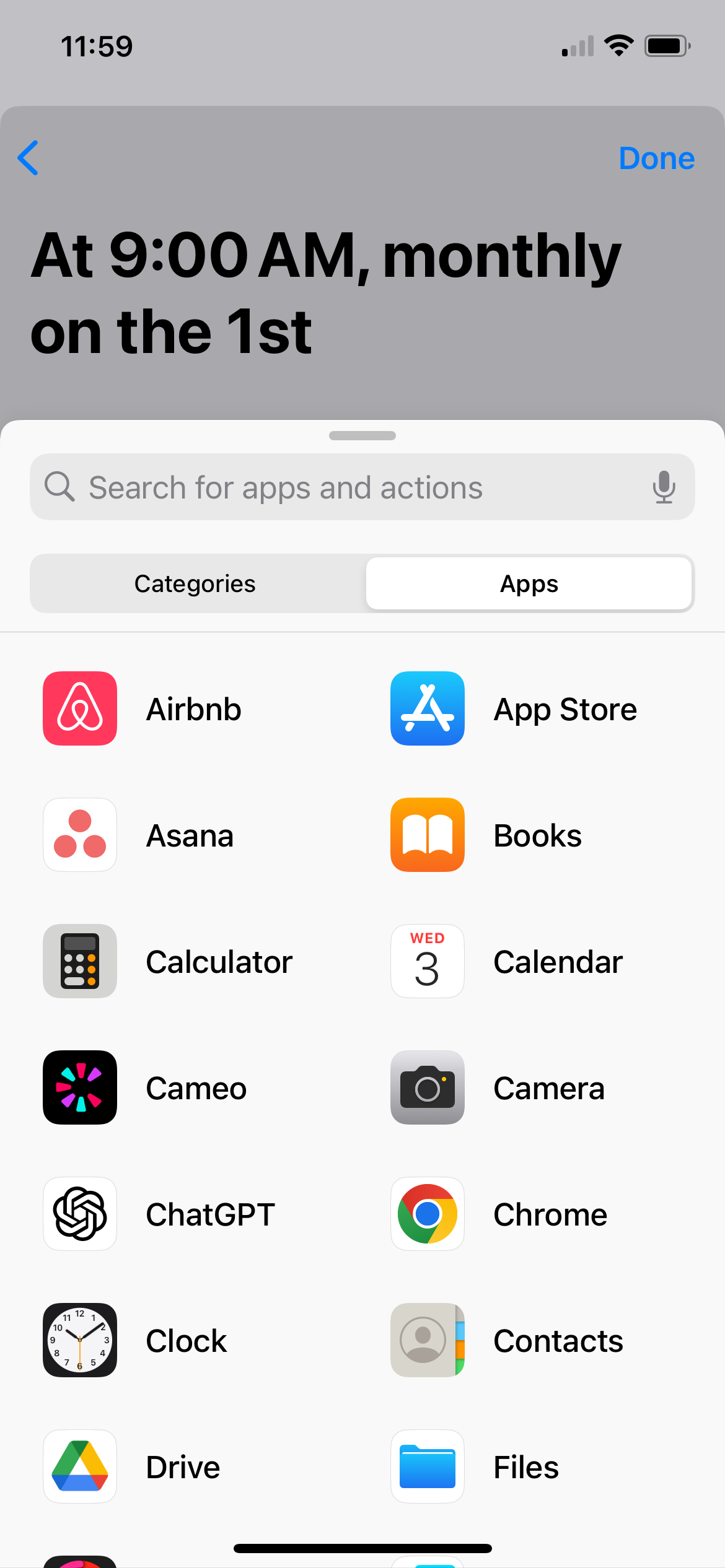 Screenshot of searching for apps in iPhone automations
