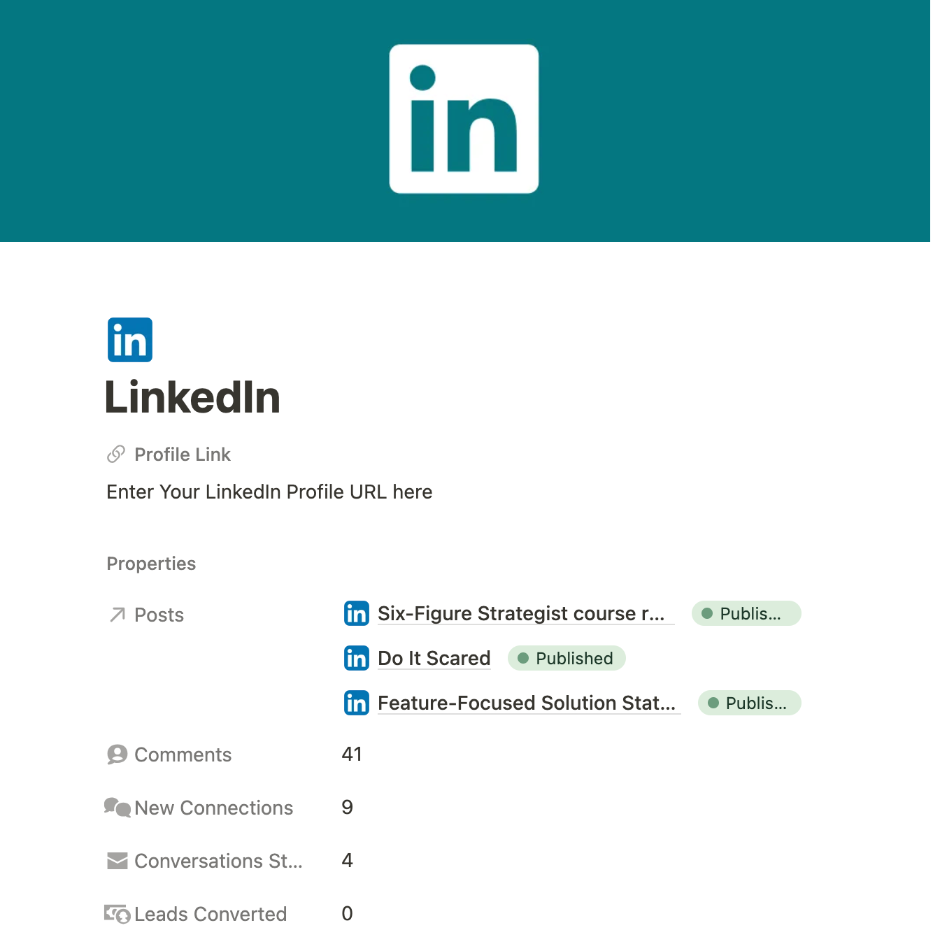 The LinkedIn details section in the Notion social media planner