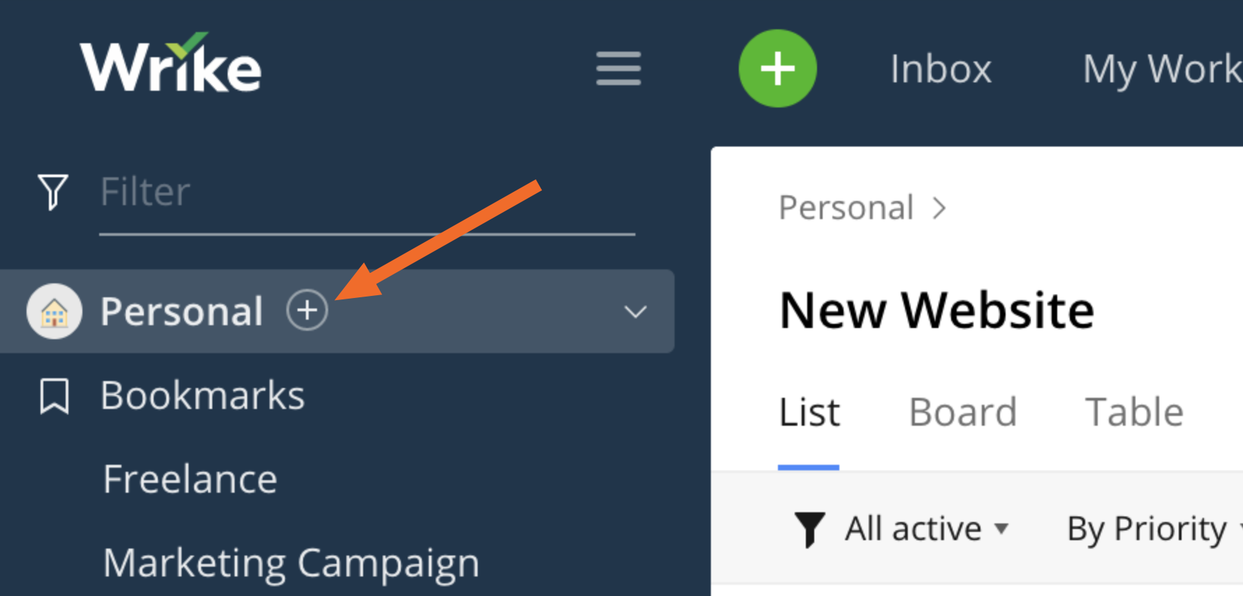 Plus sign next to Personal in the left sidebar