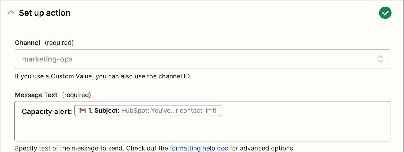 A field labeled "Message Text" with the text "Capacity alert:" typed in the field and a Gmail logo with a subject line data point next to it.