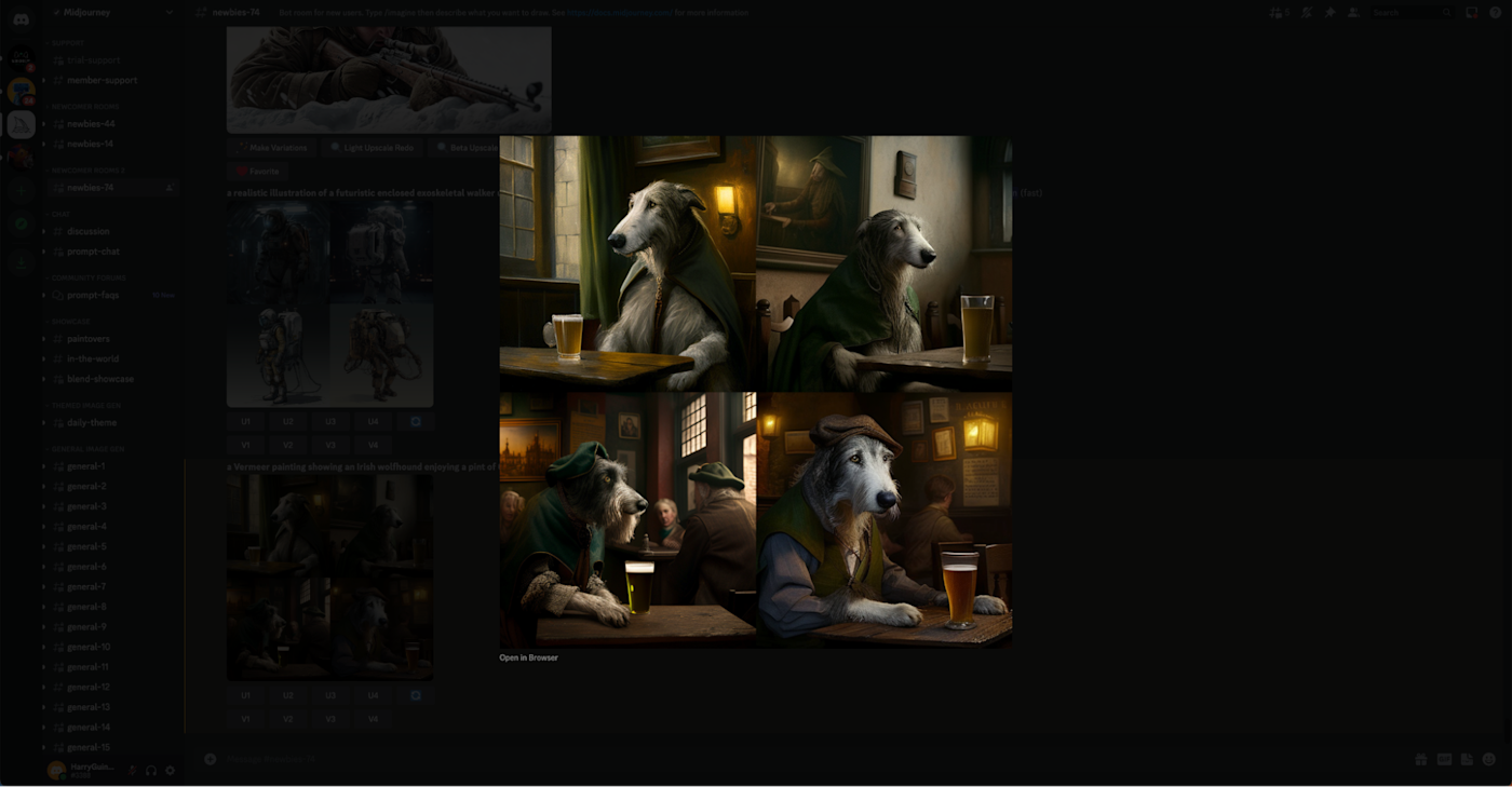 A Vermeer painting showing an Irish wolfhound enjoying a pint in a traditional Irish bar.