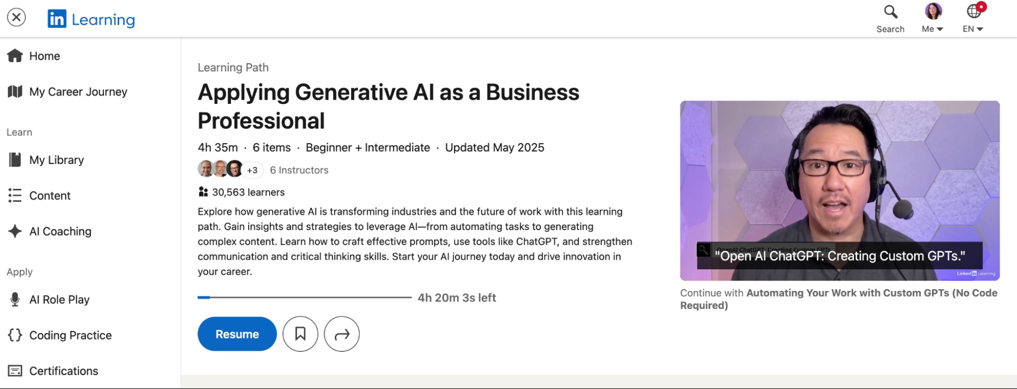The homepage for Building Generative AI Skills for Business Professionals, one of the best AI courses