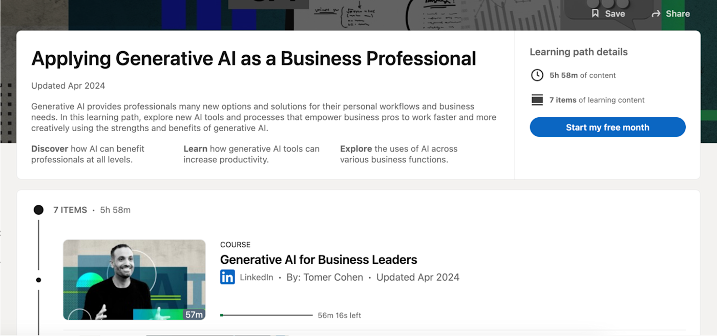 The homepage for Building Generative AI Skills for Business Professionals, one of the best AI courses