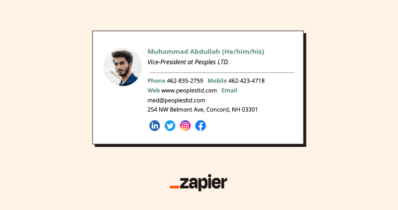 Image of a basic email signature example, including a headshot, the person's name, pronouns, title, phone numbers, website, email address, physical address, and social media links
