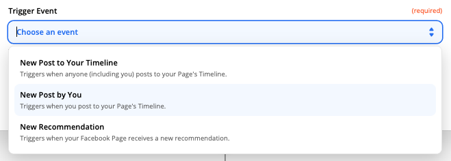 How to choose a trigger event in Zapier. In this screenshot, the cursor is in the input field and the event "New post by you" is highlighted.