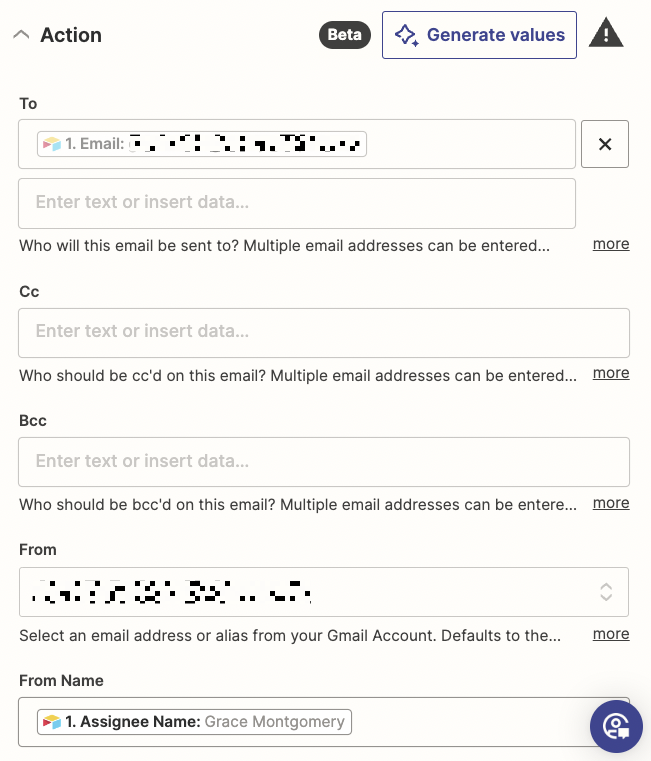 Gmail fields in an action step in the Zap editor.