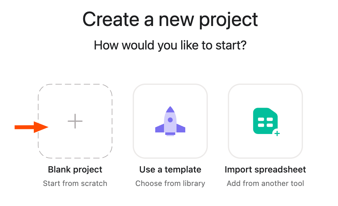 Three options to create a new project in Asana with an arrow pointing to blank project. 