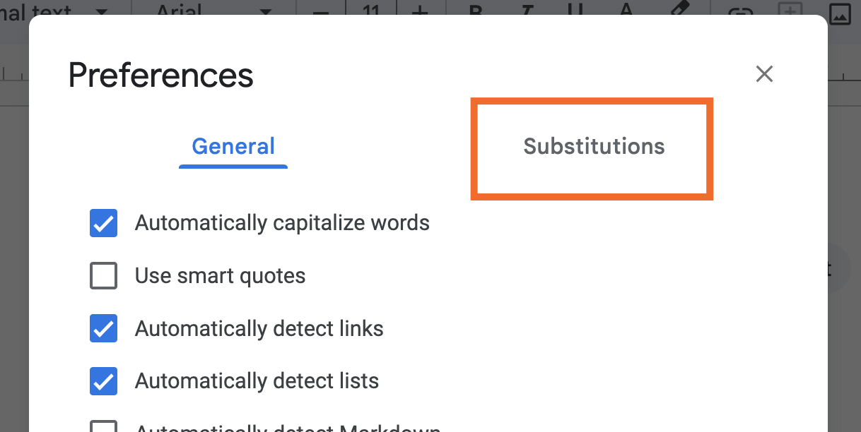The Substitutions tab in Google Docs preferences