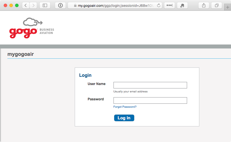 Gogo internet login screen