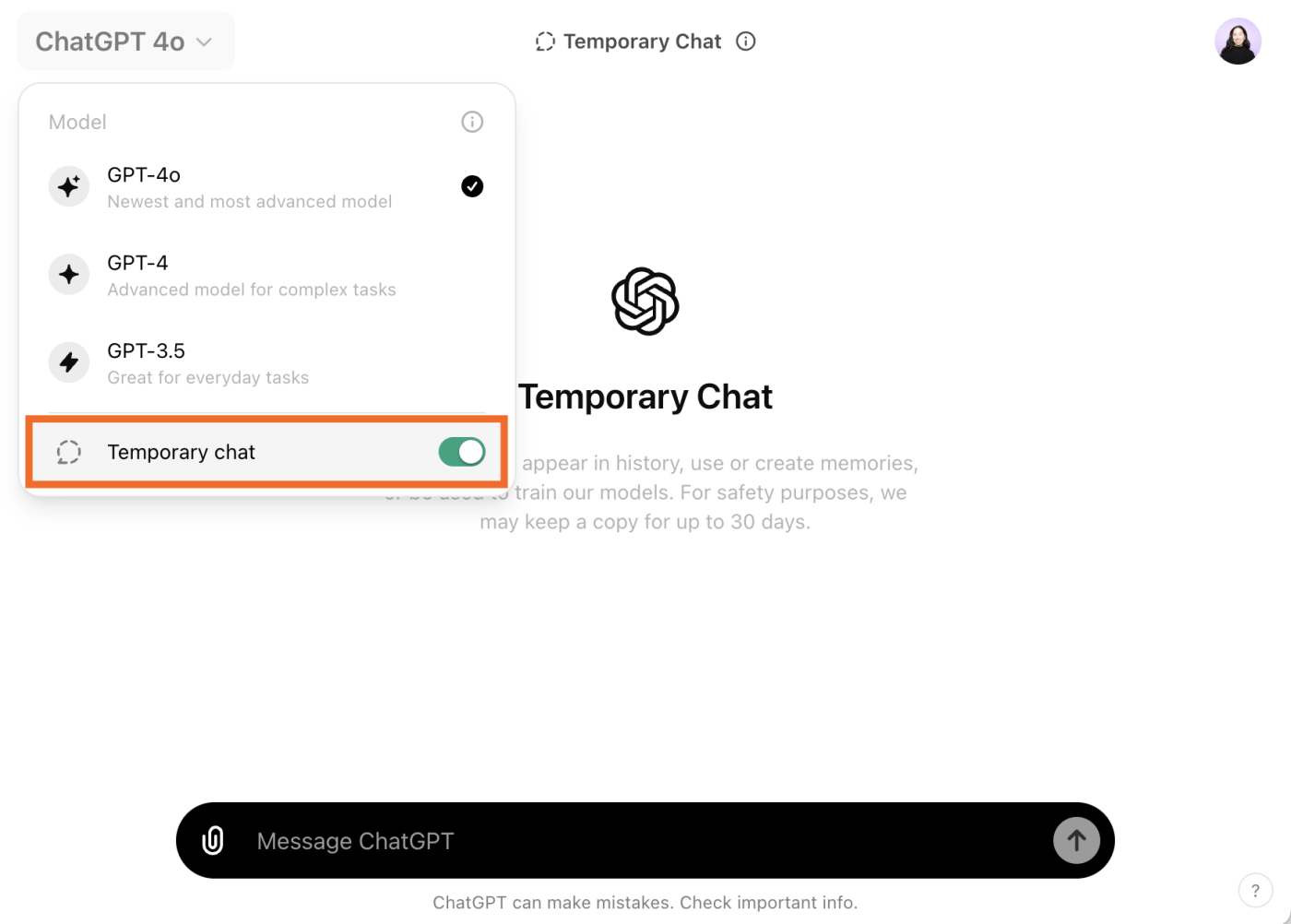 ChatGPT conversation with an expanded view of the model dropdown and the temporary chat enabled.