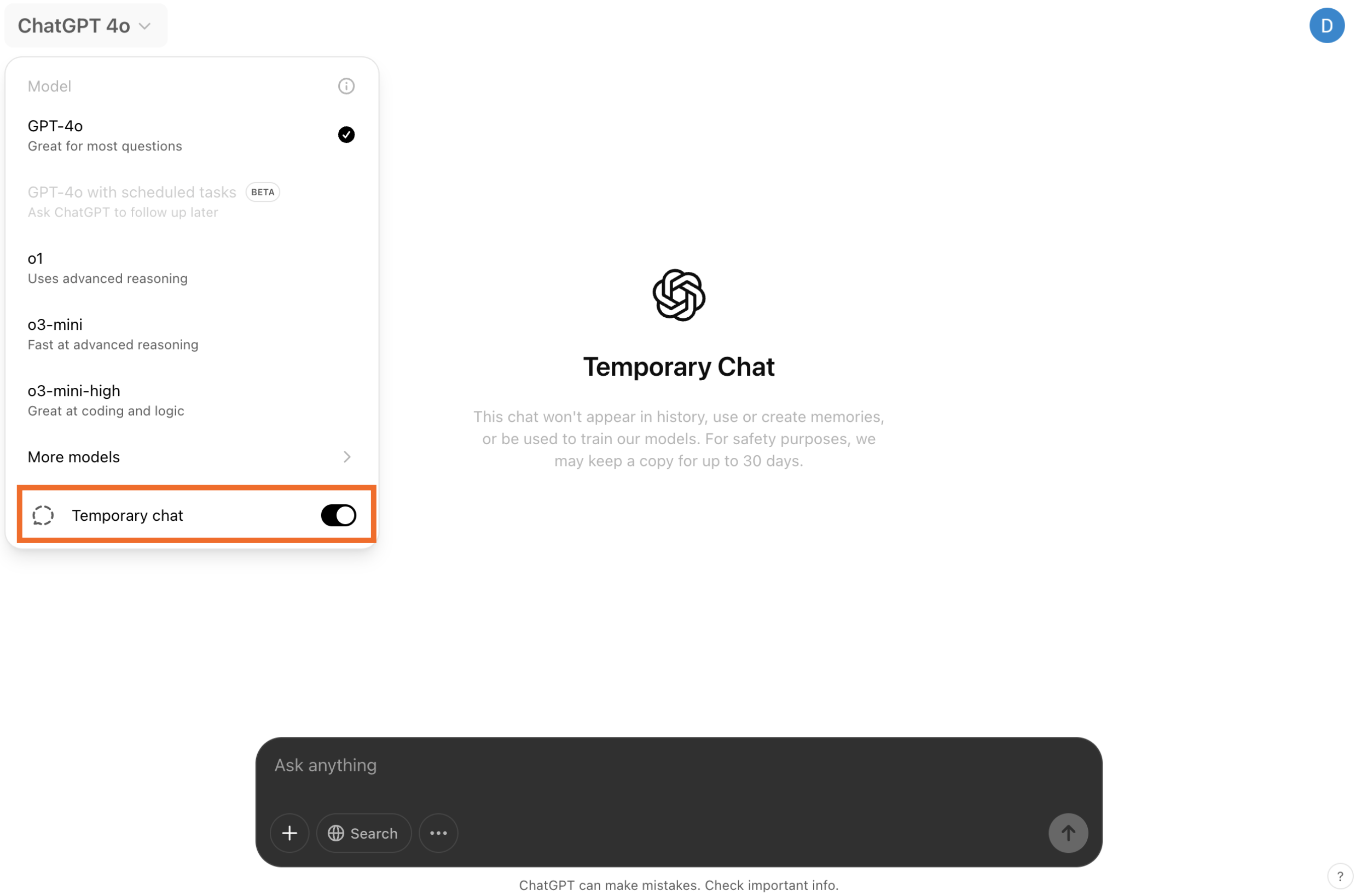 ChatGPT conversation with an expanded view of the model dropdown and the temporary chat enabled.
