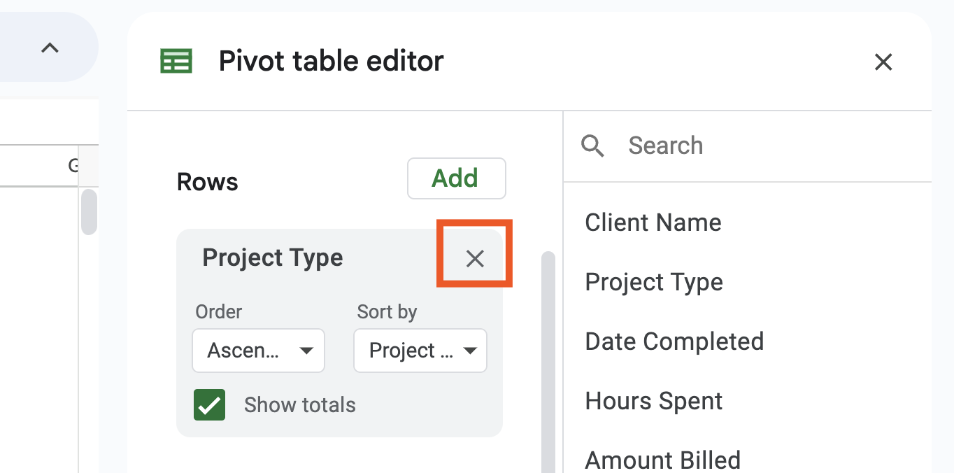Delete options in the pivot table editor in Google Sheets. 