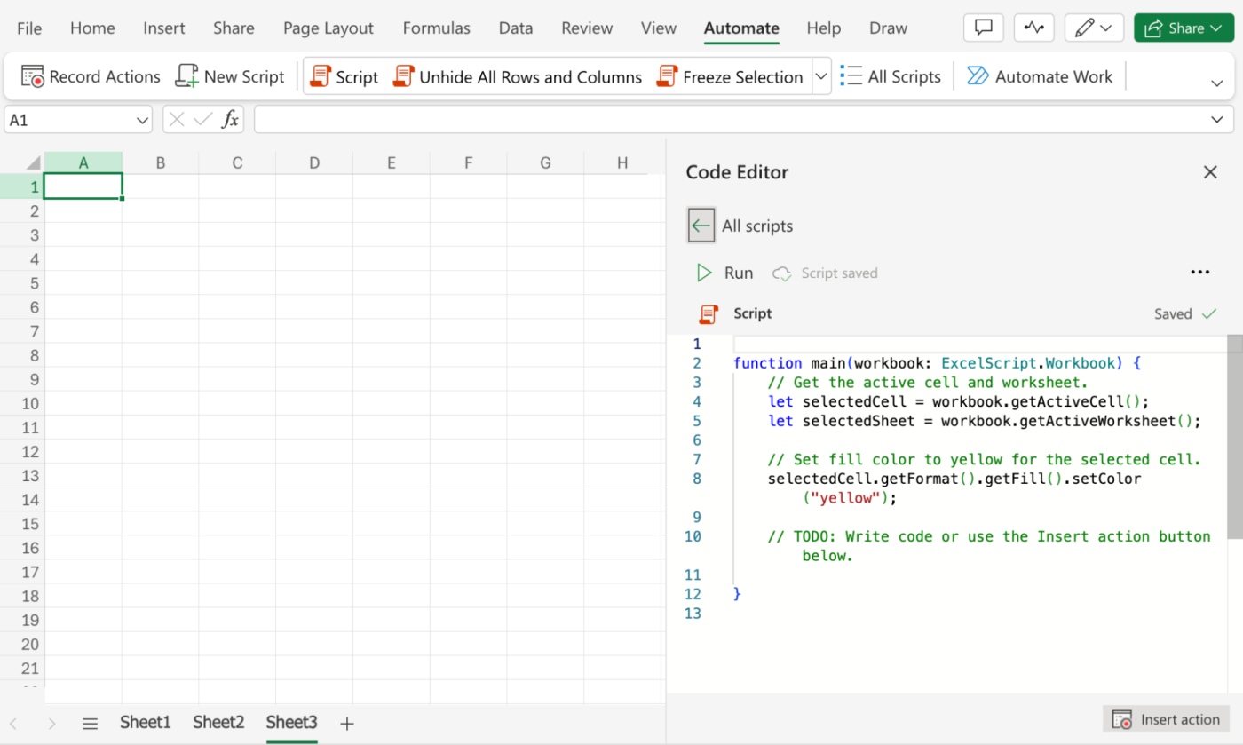 Excel spreadsheet with a sample script in the code editor.  