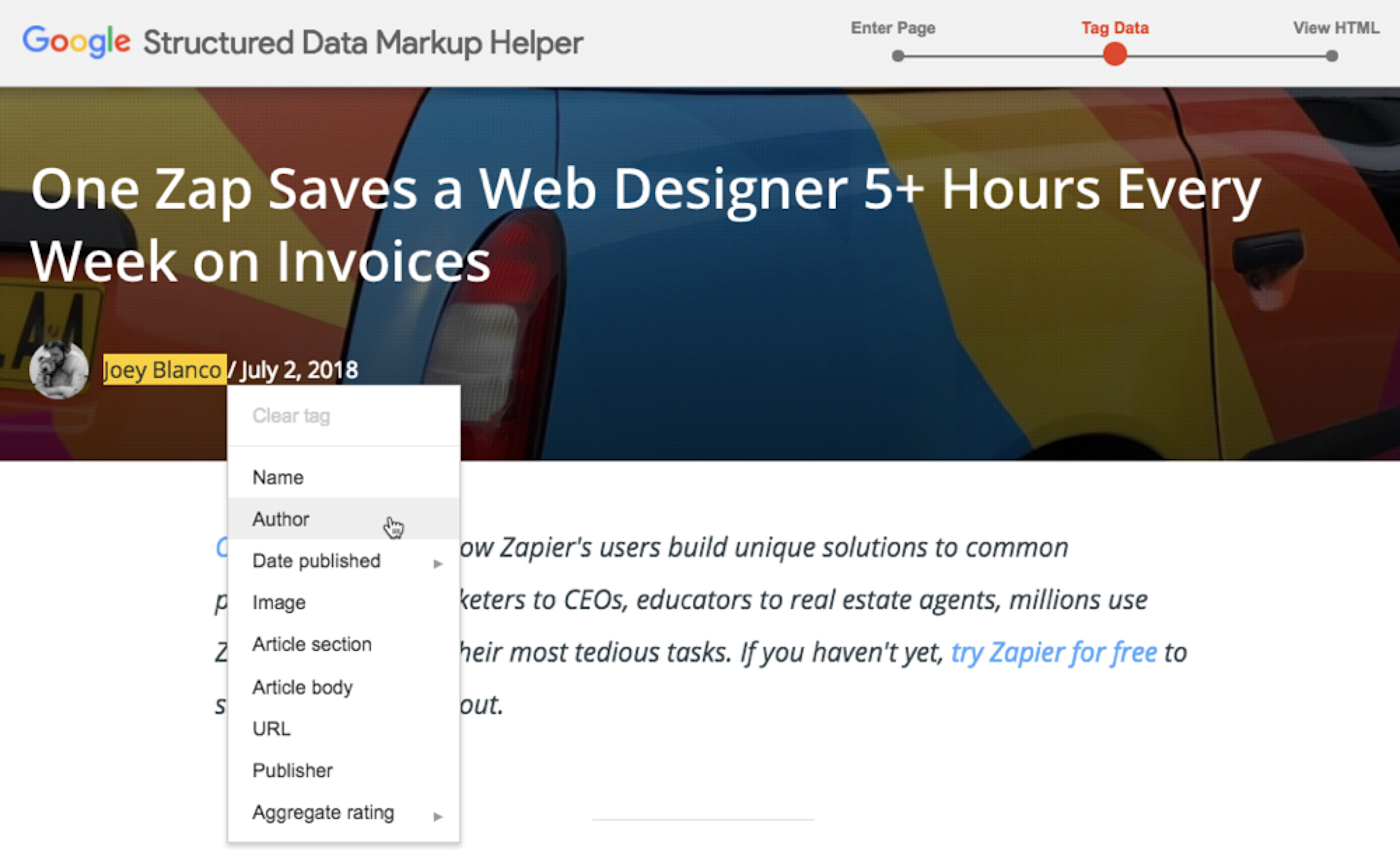 Structured Data Markup Helper using Zapier article as an example